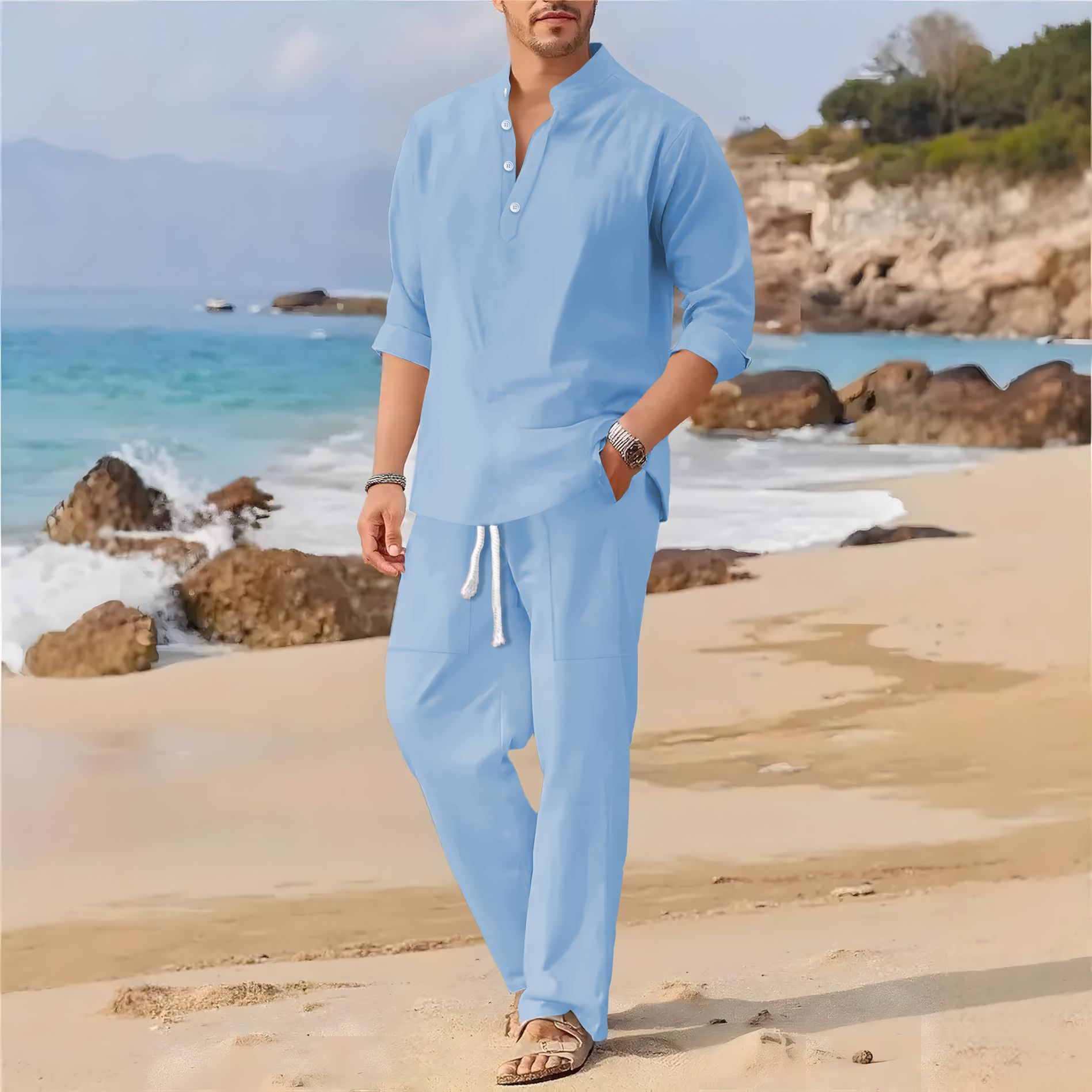 Linen Fabric Natural - Men's retro cotton and linen stand-up
