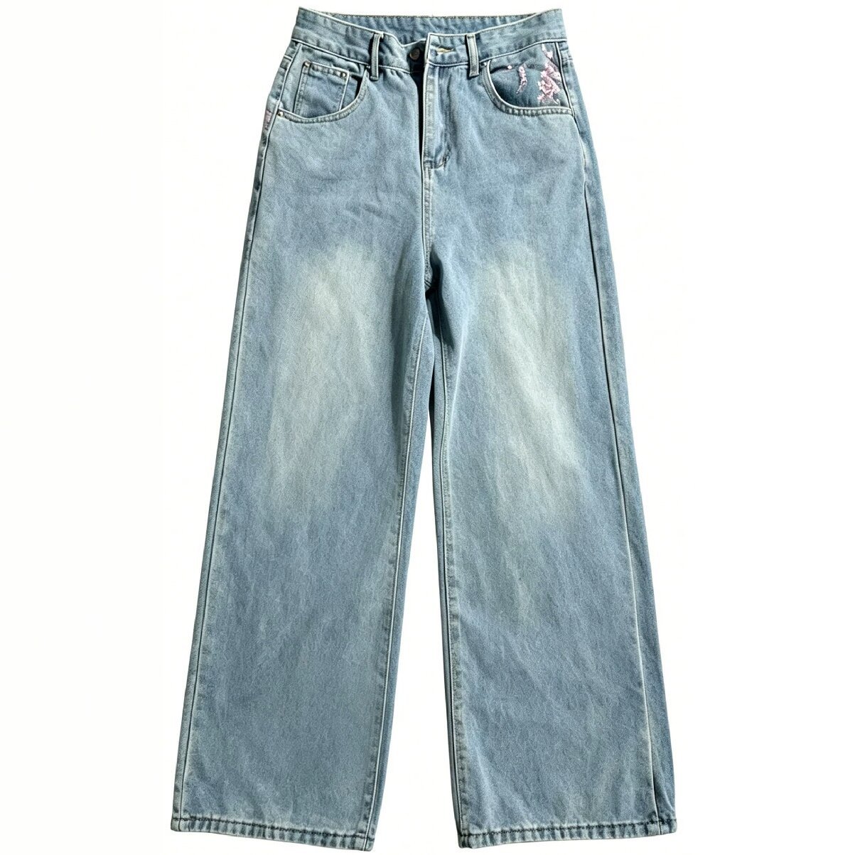 High Waist Loose Straight Leg  - đánh giá và giá Embroidery Jeans Sakura