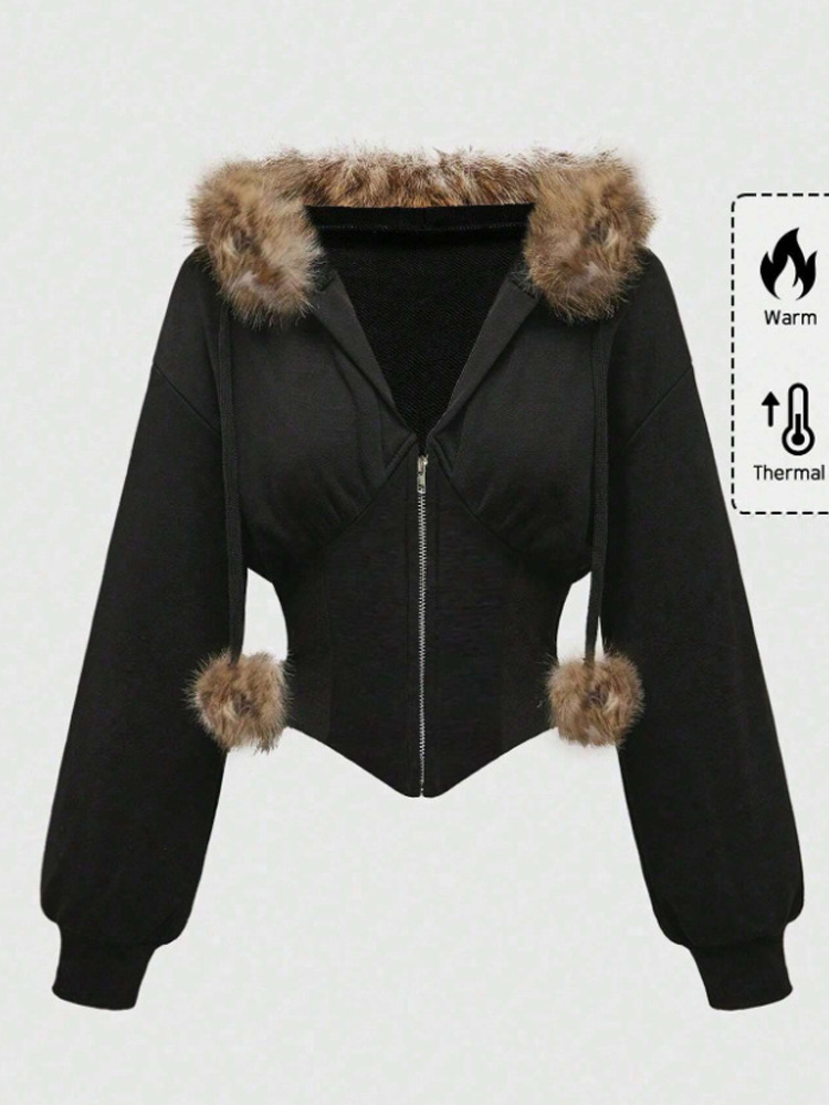 Autumn Winter Faux Fur Collar  - đánh giá và giá Embroidery Zip Up Hoodie
