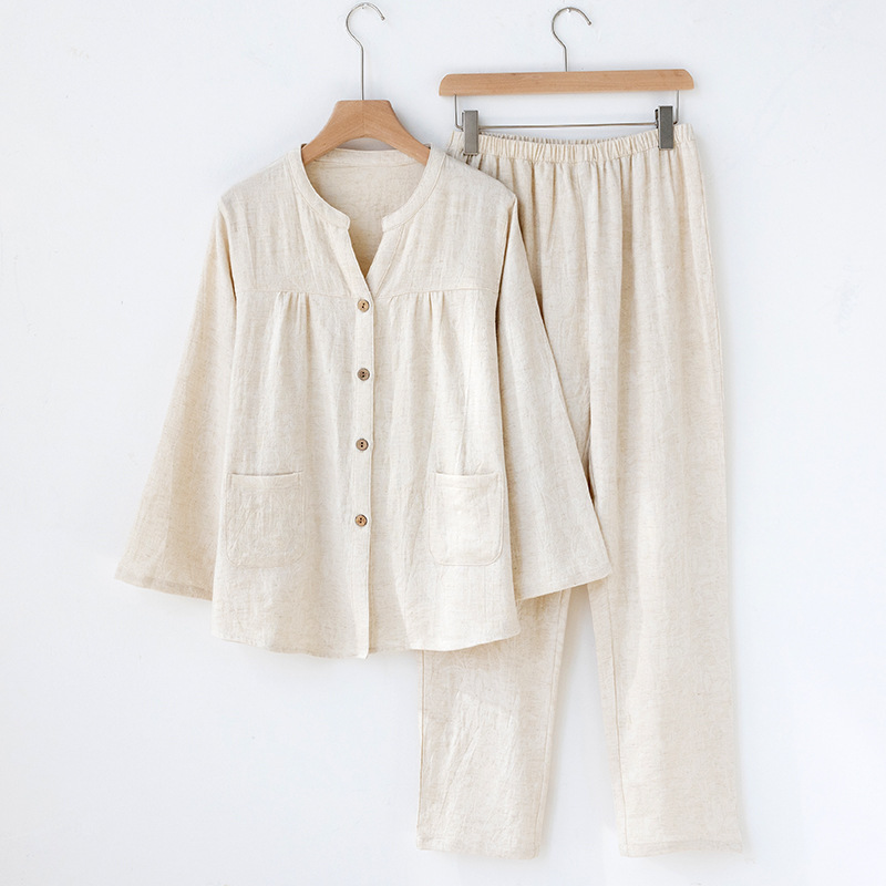Japanese Style Women's V Neck  - đánh giá và giá Linen Fabric Natural