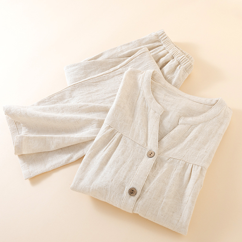 Japanese Style Women's V Neck  - đánh giá và giá Linen Fabric Natural